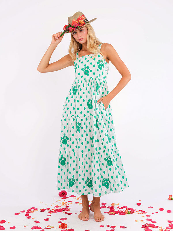 Cornflower Dress Dots Emerald Gujarat Birds Embroidery