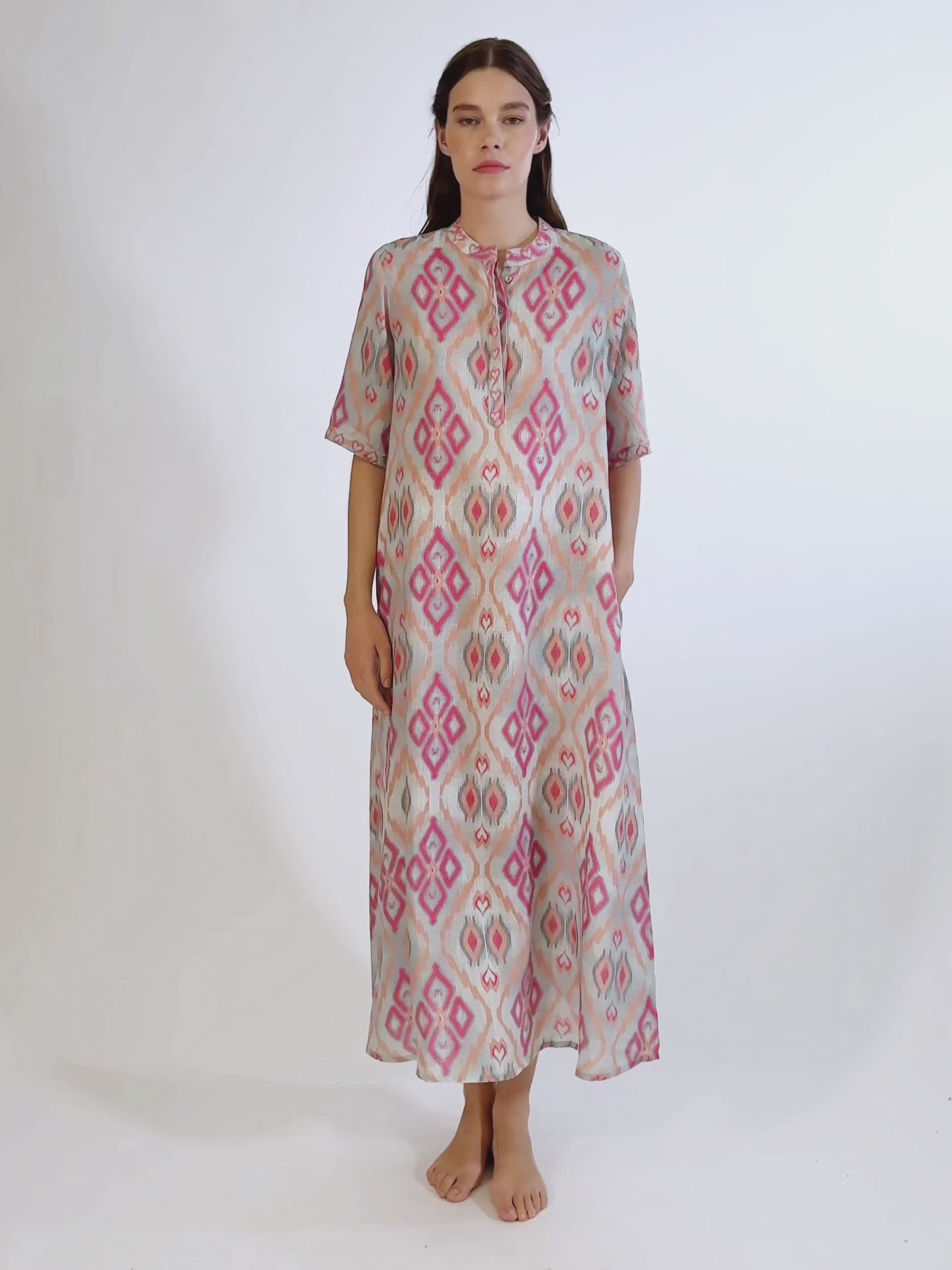 Video of the ankle-length Cassia maxi dress by Nimo With Love in ikat linen featuring a relaxed silhouette and tunic neckline.