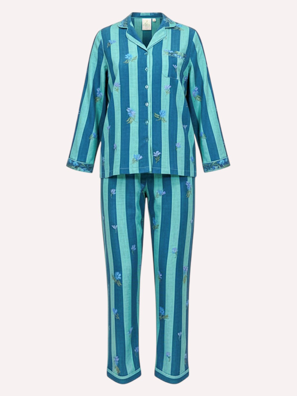 A Nimo With Love luxury two-piece pajama set featuring a long-sleeve button-up top and matching pants, both decorated with vertical stripes in shades of teal, blue, and mint green, accented with small blue floral motifs.