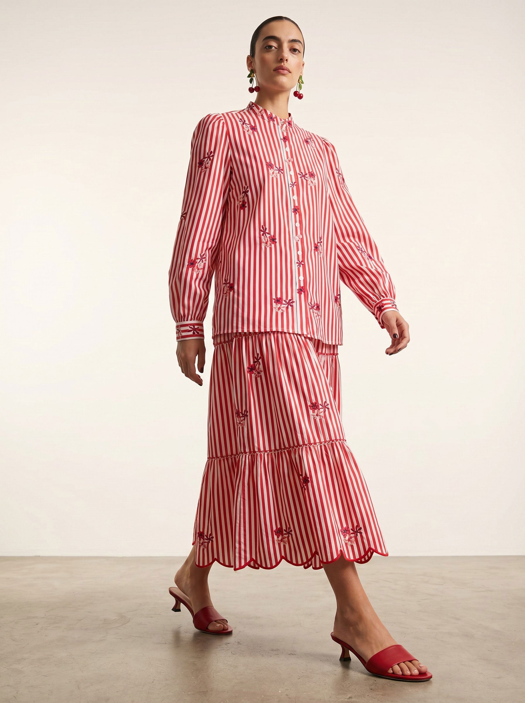 Amaryllis Blouse Flower Embroidery on Red Stripes