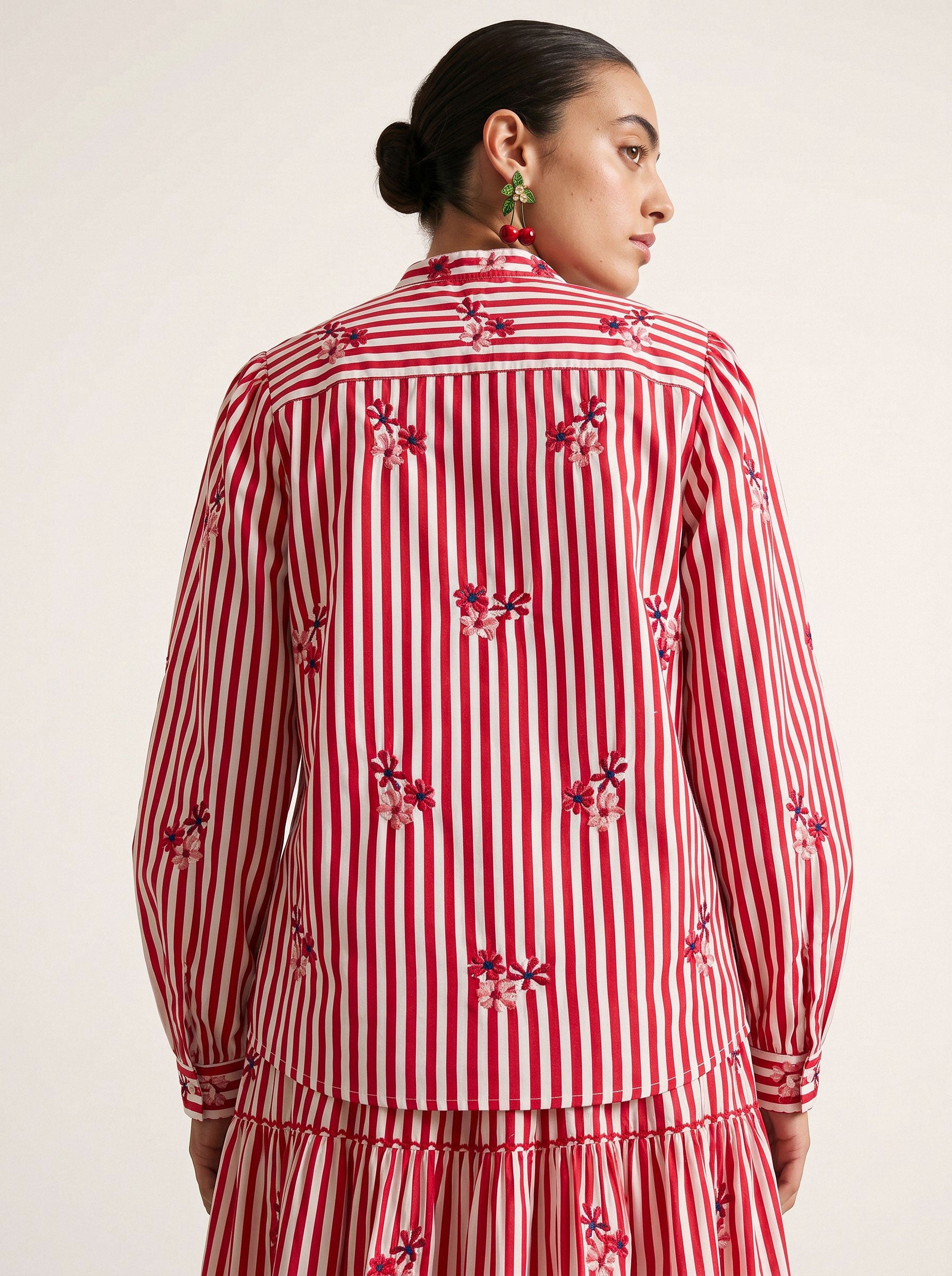 Amaryllis Blouse Flower Embroidery on Red Stripes