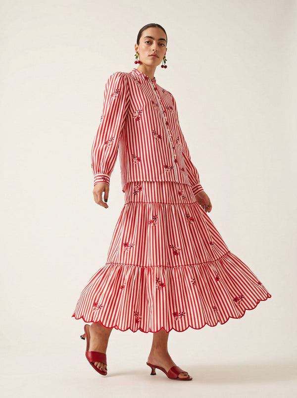 Blue Monkswood Skirt Red Stripes Flower Embroidery