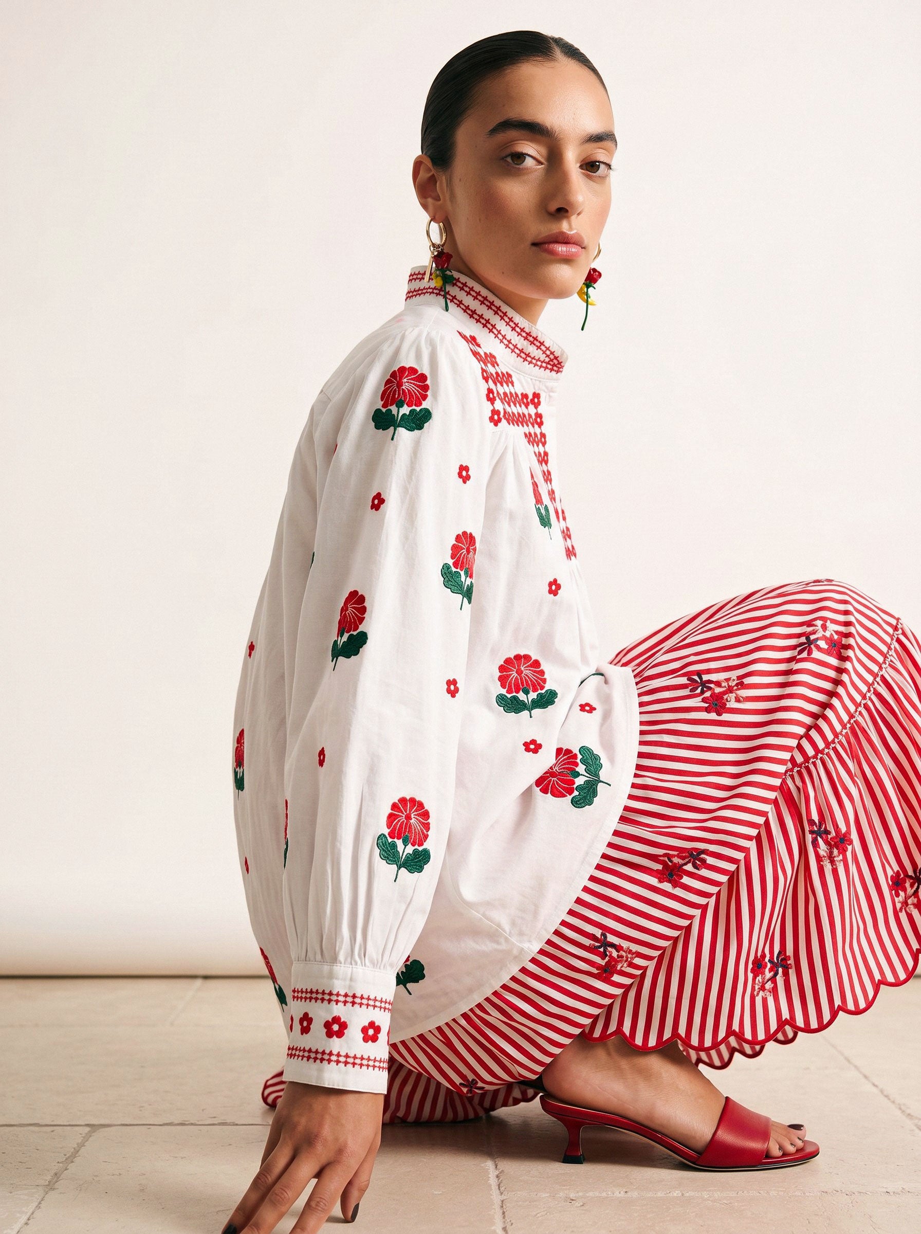 Blue Monkswood Skirt Red Stripes Flower Embroidery