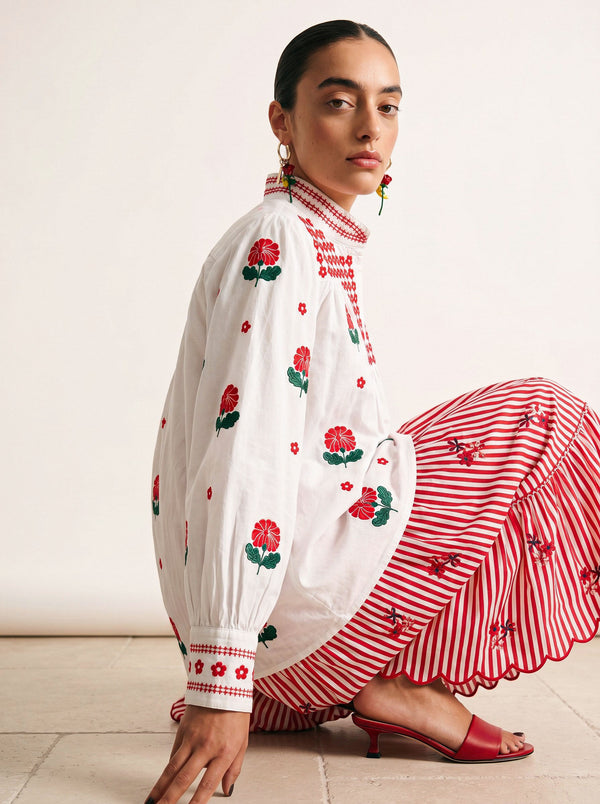 Blue Monkswood Skirt Red Stripes Flower Embroidery