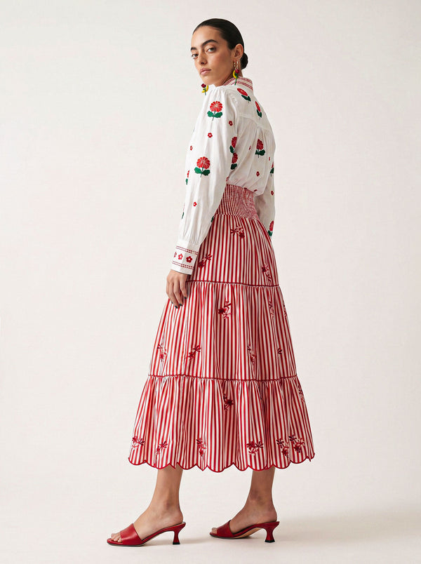 Blue Monkswood Skirt Red Stripes Flower Embroidery