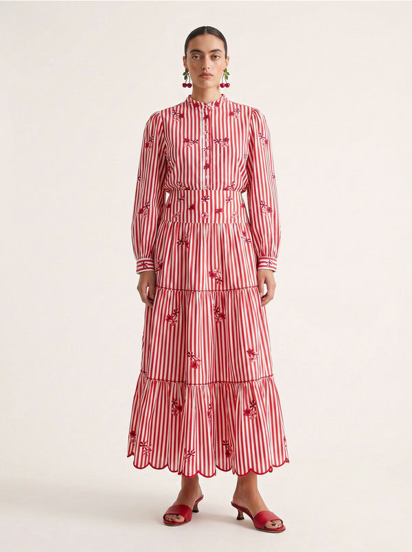 Blue Monkswood Skirt Red Stripes Flower Embroidery