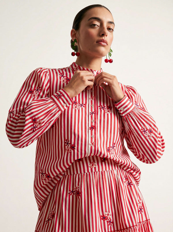 Amaryllis Blouse Flower Embroidery on Red Stripes