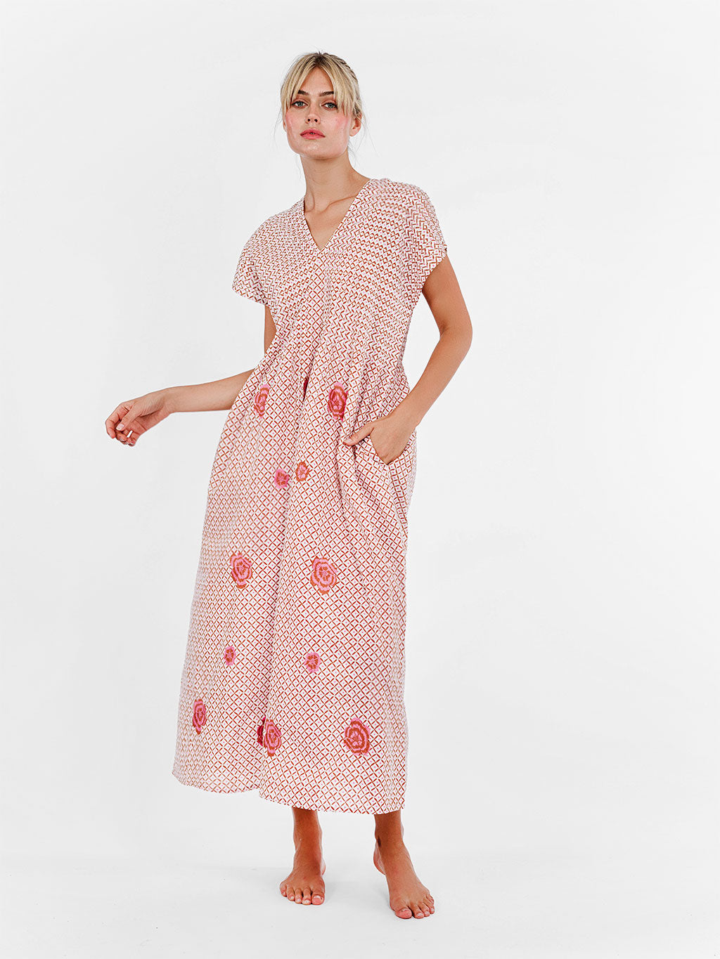 Sea Cale Dress Dotty Mustard Peony Embroidery