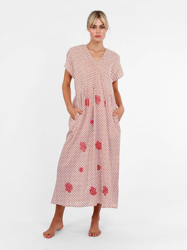 Sea Cale Dress Dotty Mustard Peony Embroidery