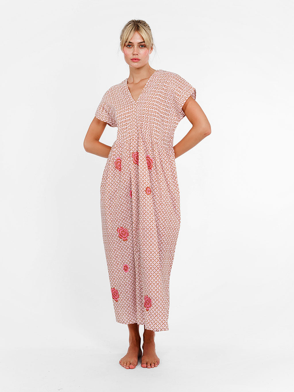 Sea Cale Dress Dotty Mustard Peony Embroidery