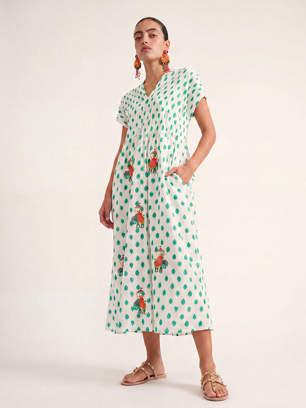Sea Cale Dress Dots Emerald Elephant Embroidery