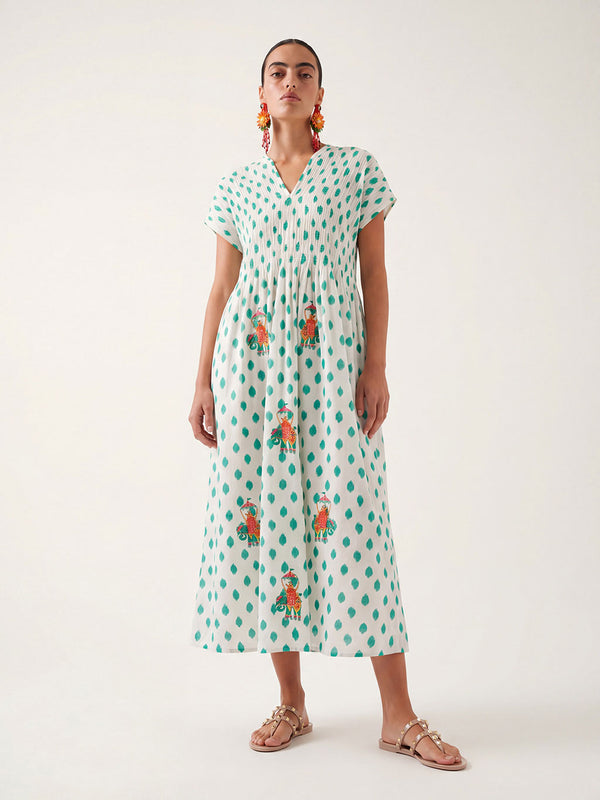 Sea Cale Dress Dots Emerald Elephant Embroidery