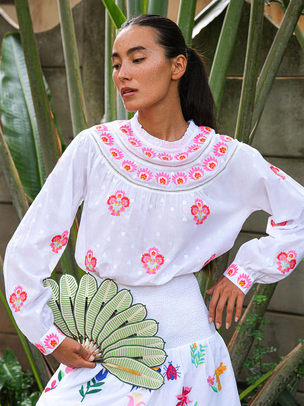 Spearmint Skirt Mexican Embroidery on White