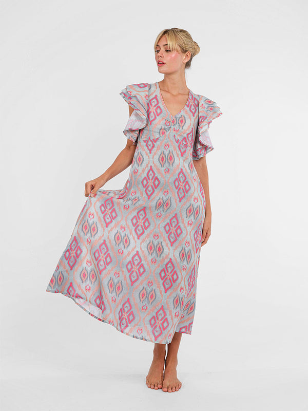 Midi-length Belladonna dress by Nimo With Love with statement ruffle sleeves crafted from natural linen.