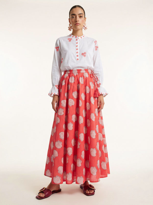 Broom Blouse Red Shells Embroidery on White