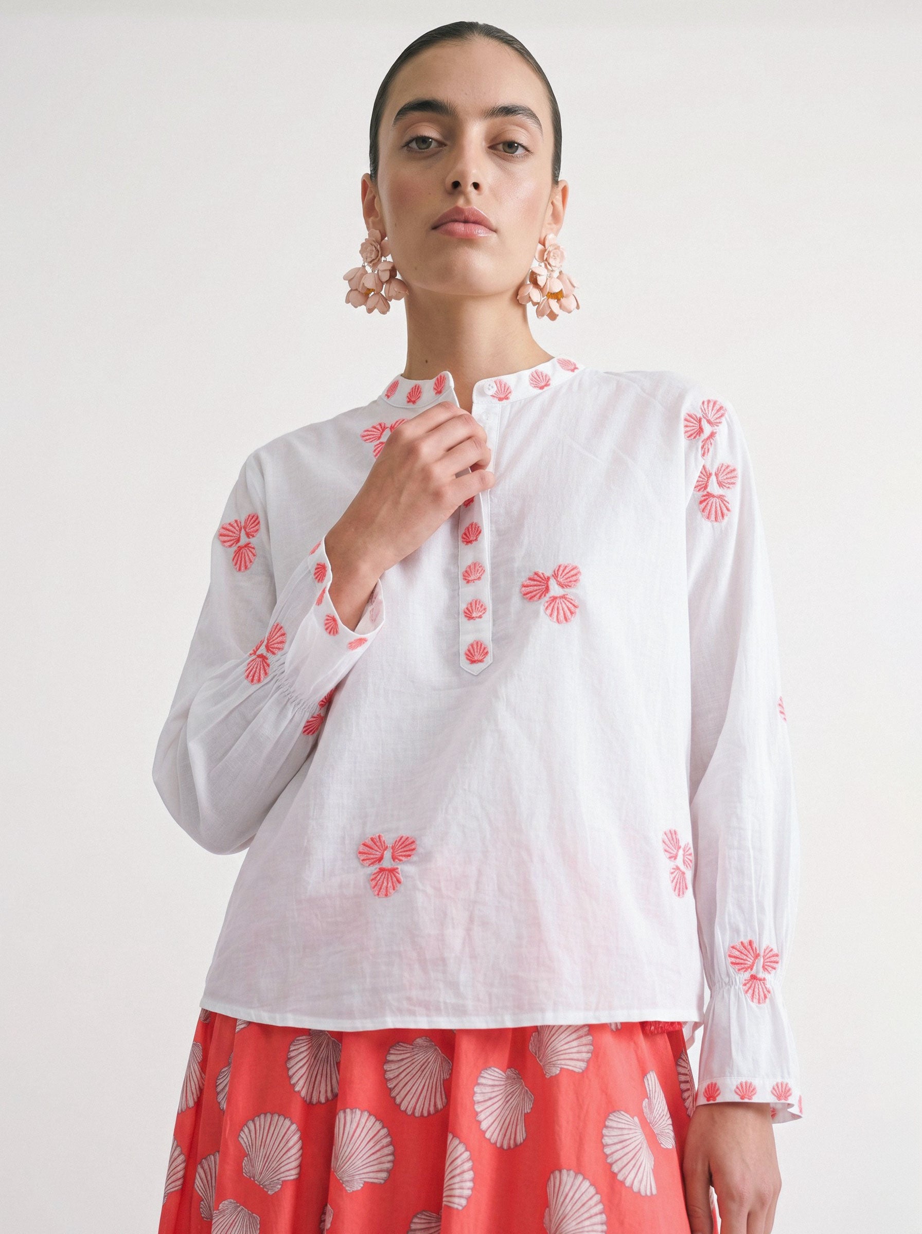 Broom Blouse Red Shells Embroidery on White