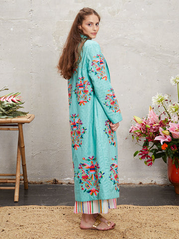 Nimo with Love Campanula coat luxe occasion dressing bohemian glamour mexican embroidery sage artisanal piece maxi coat osustainable organic cotton oversized silhouette easy fitting bohemian luxury