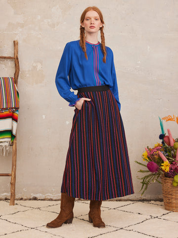 Nimo with love, The Gerbera midi skirt, viscose, line embroidery, Swinging silhouette, pockets, Fully lined
