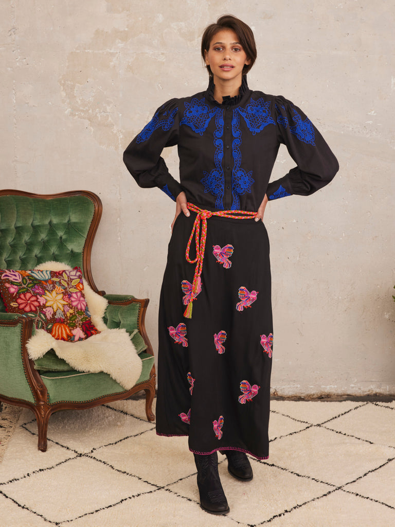 Nimo with Love Gerbera skirt midi skirt midi-length folk embroidered half-elasticated waistband swinging silhouette