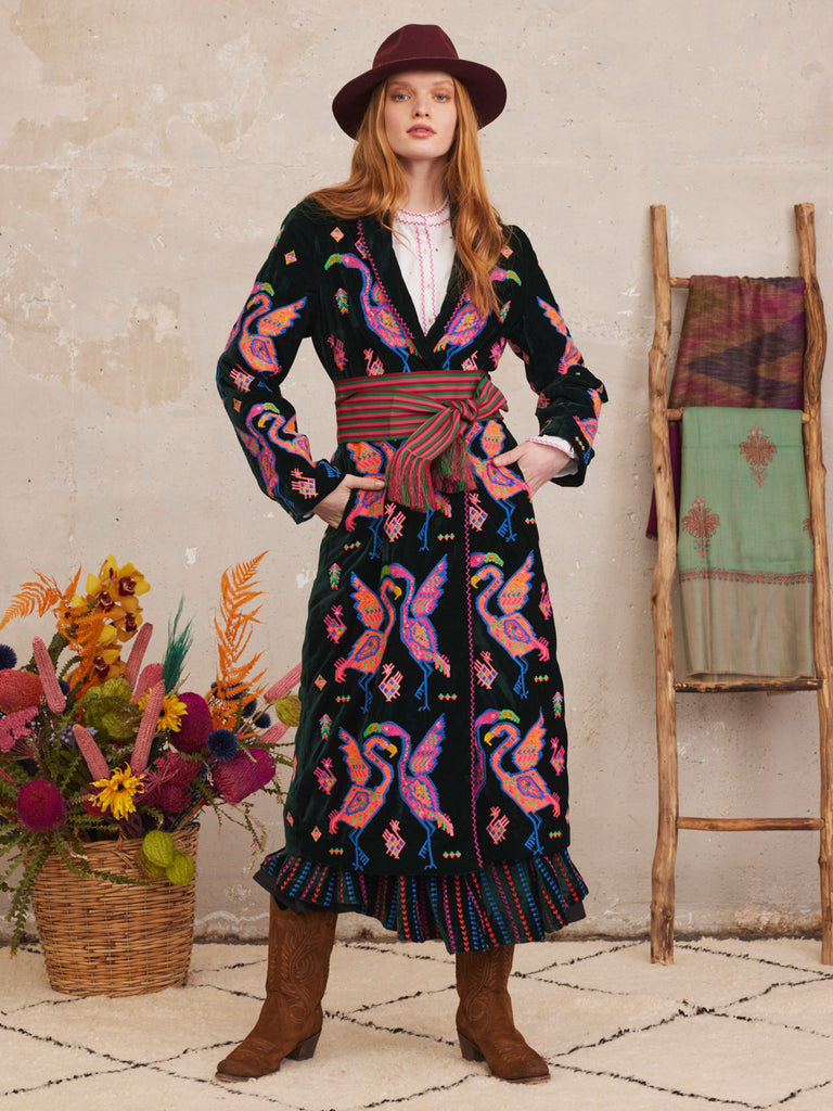 Nimo with Love Campanula coat culturual inspired with embroidery green artisanal piece maxi coat oversized silhouette, loose fit 