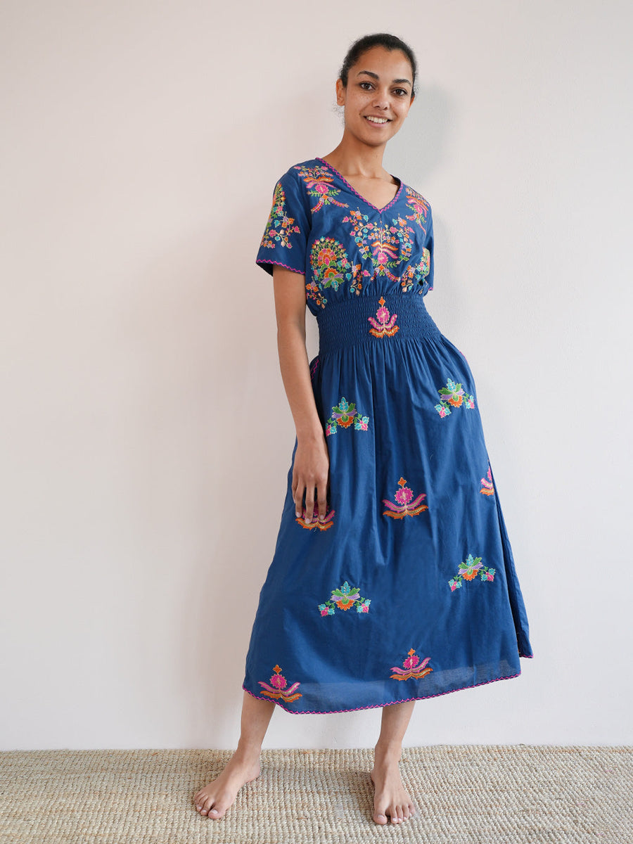 Verbena Dress Golden Flower Embroidery on Navy - Nimo with Love | SS ...