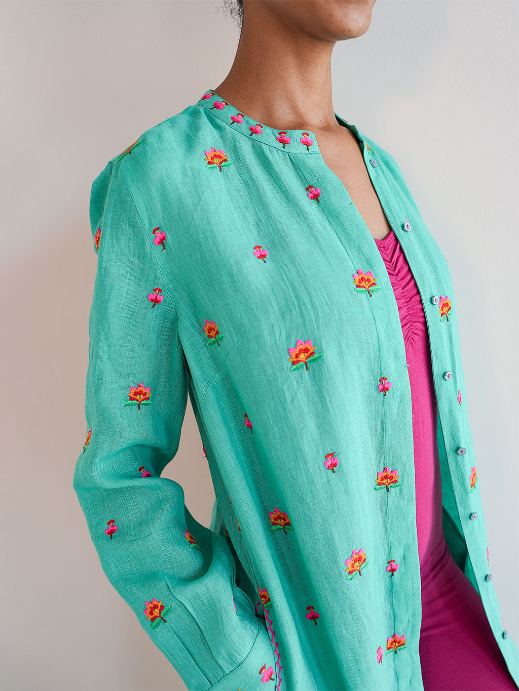 Turquoise Kaftan Lotus Flower Embroidery on Green