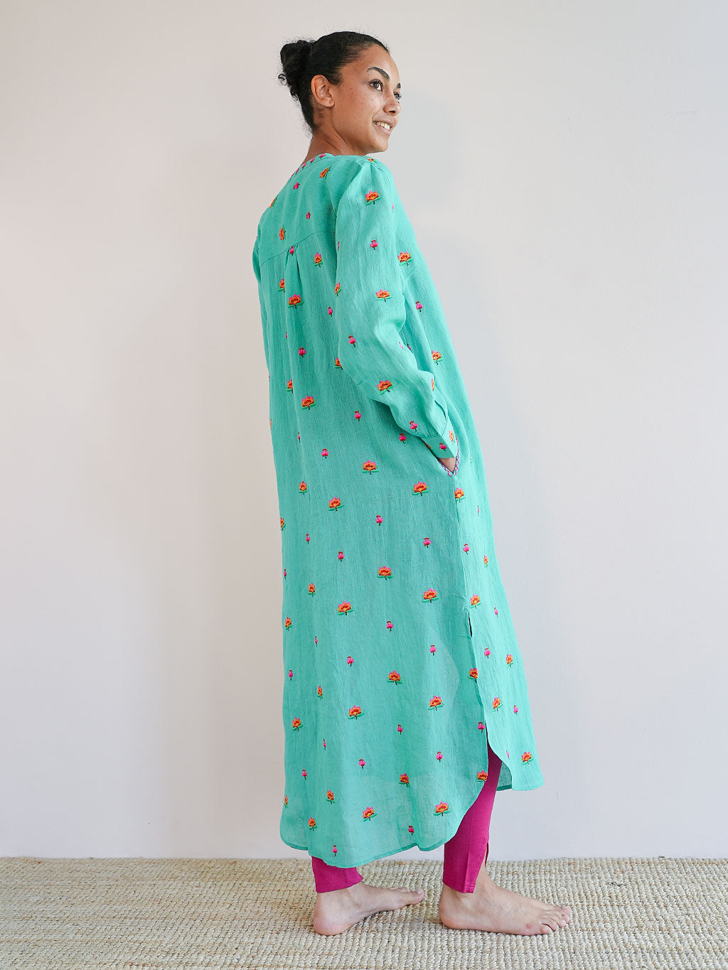 Turquoise Kaftan Lotus Flower Embroidery on Green