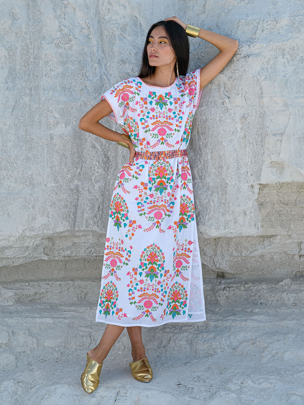 Malachite Kaftan Golden Flower Embroidery on White