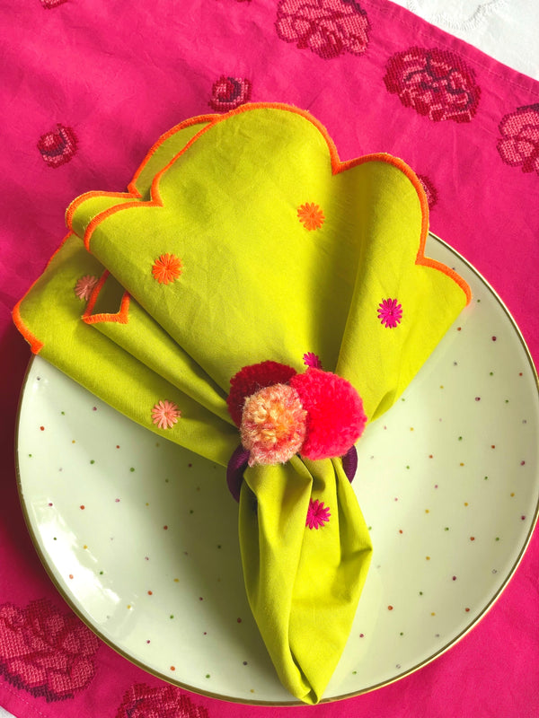 Napkin Multi Flowers Embroidery on Lime