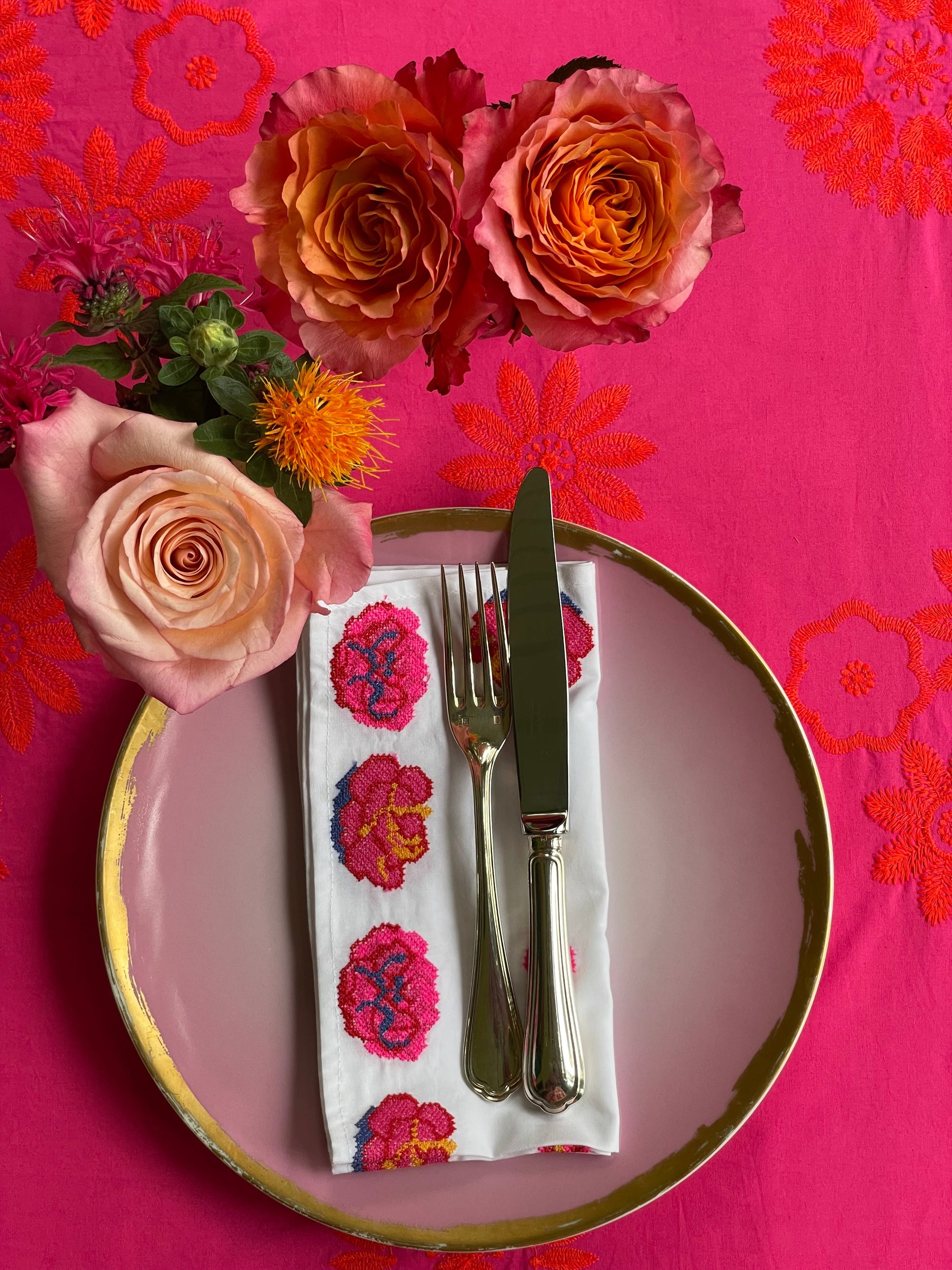 Tablecloth Orange Flower Embroidery on Pink