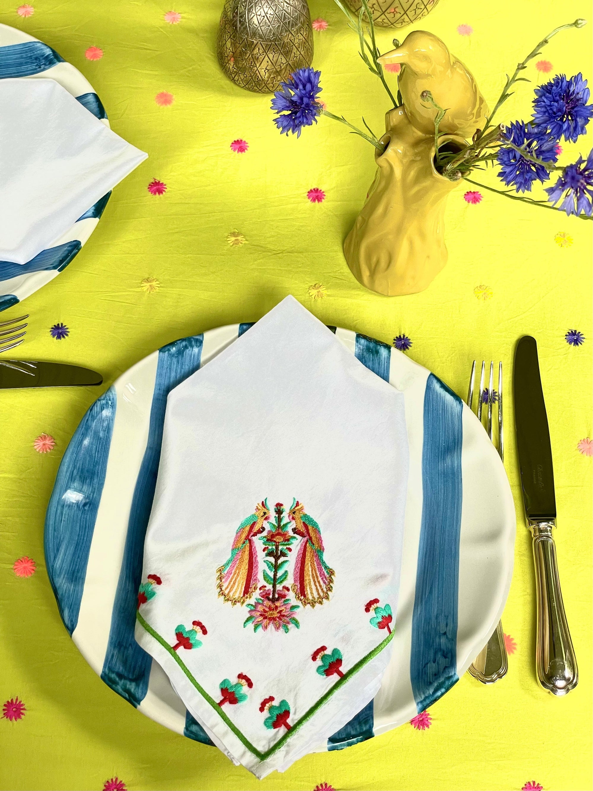 Napkin Parrot Embroidery on White